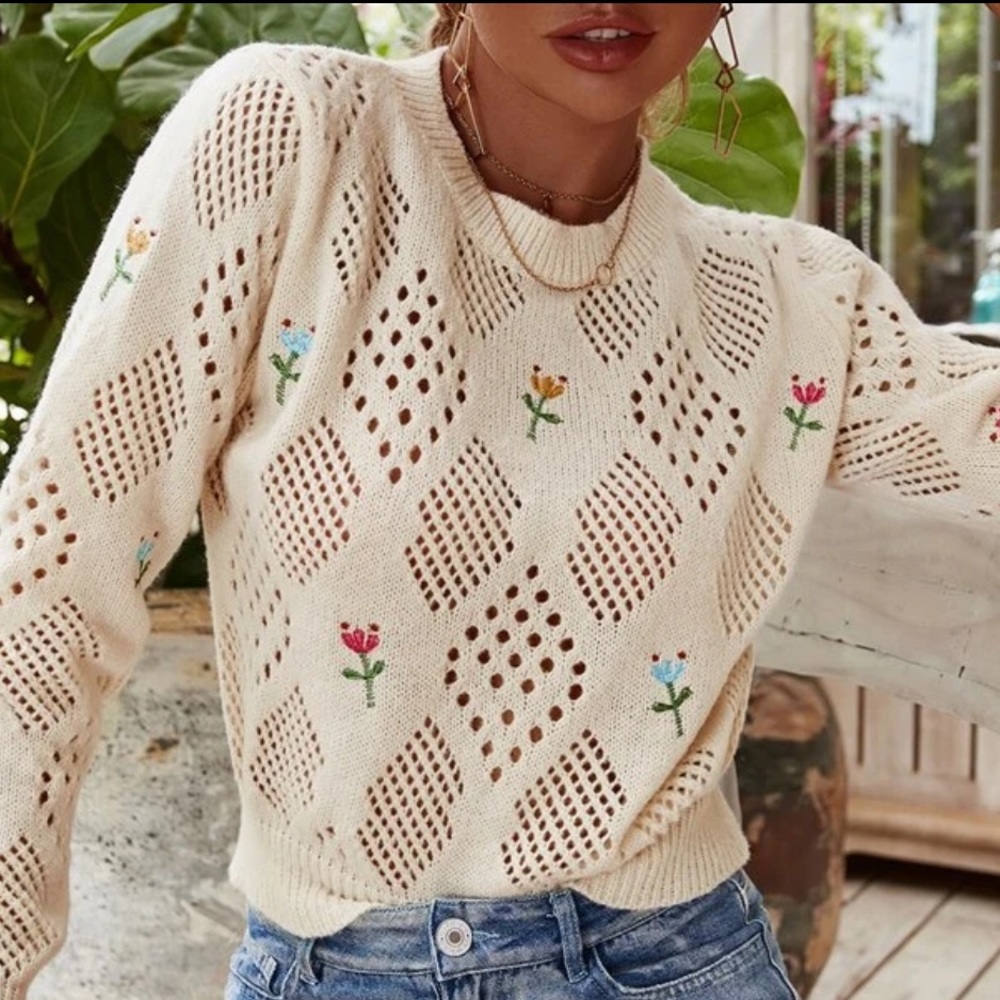 🌺 Floral Embroidery Open Knit Sweater
